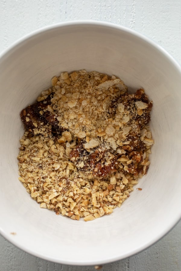 Chopped energy ball ingredients - dates walnuts.