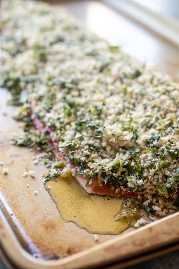 Salmon herb-crusted with panko and lemon.