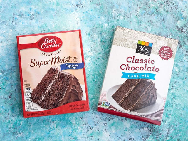A side-by-side comparison of Betty Crocker and 365 chocolate cake mixes 