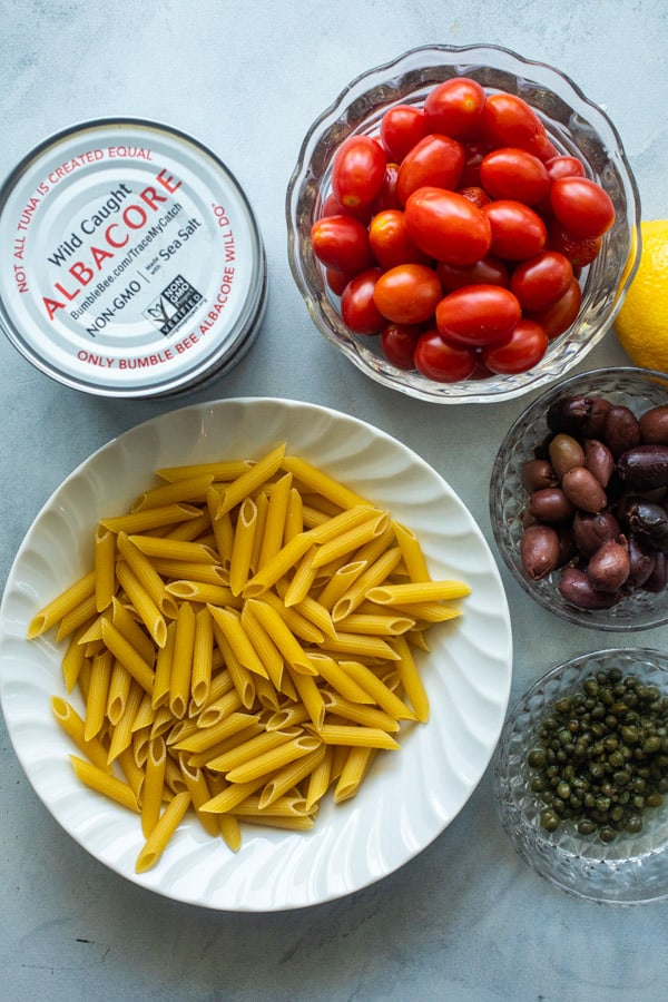 Basic ingredients for penne puttanesca