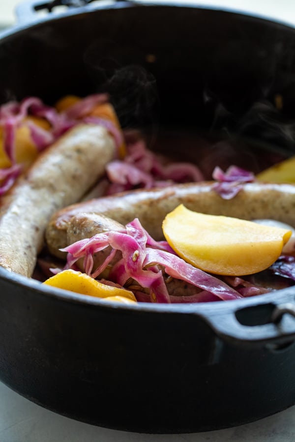 Braised Sausage and Apples recipe in skillet.