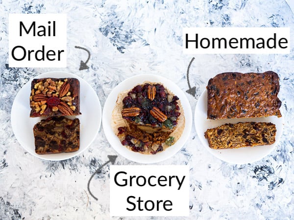 A side-by-side comparison of 3 different fruitcakes