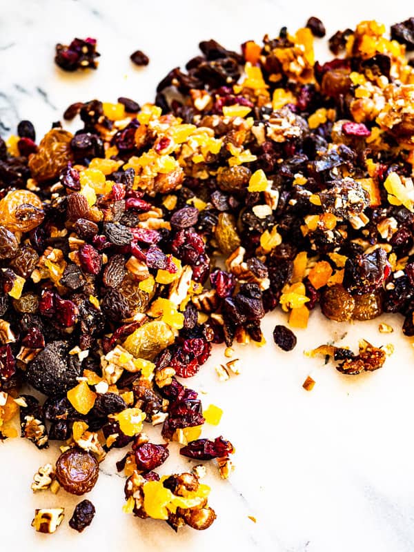 A mixture of chopped dried fruits and nuts 