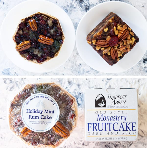 A side-by-side comparison of 2 store-bought fruitcakes