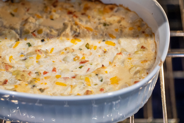 Crab dip in the oven getting brown.