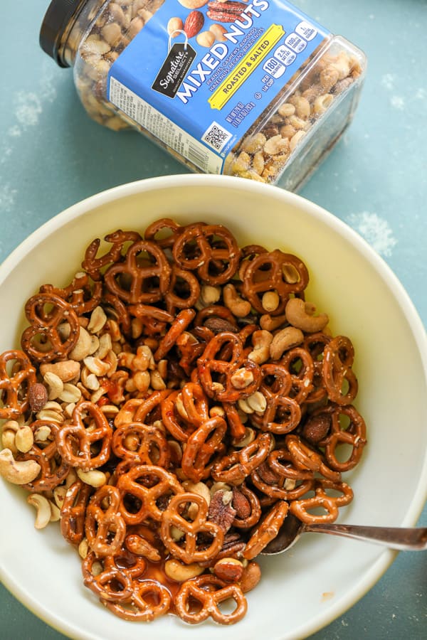 Mixing the Snack mix together