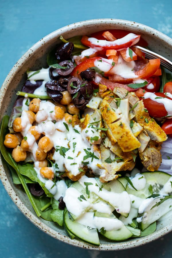 Chicken Shawarma Bowls with Roasted Garlic Dressing