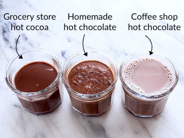  A side-by-side comparison of 3 different hot chocolate drinks