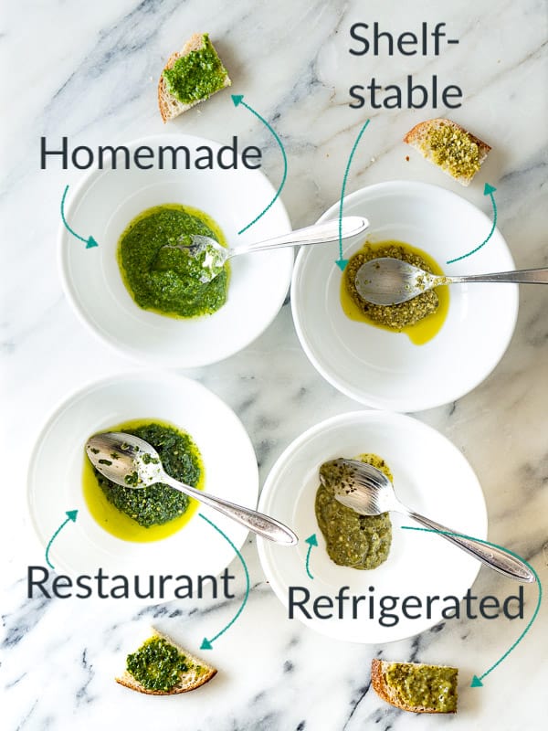 A side-by-side comparison of 4 different pesto options