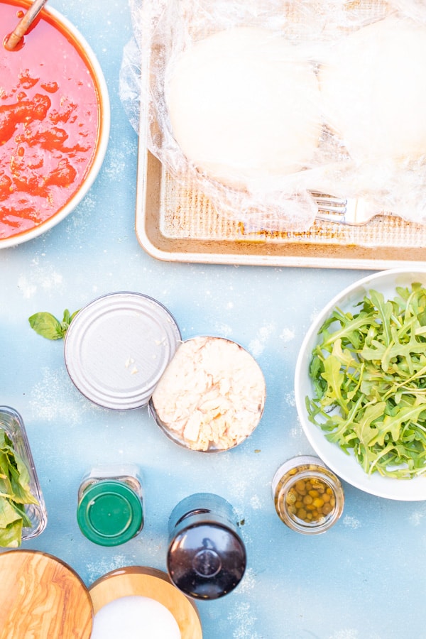 Tuna Pizza ingredients laid out