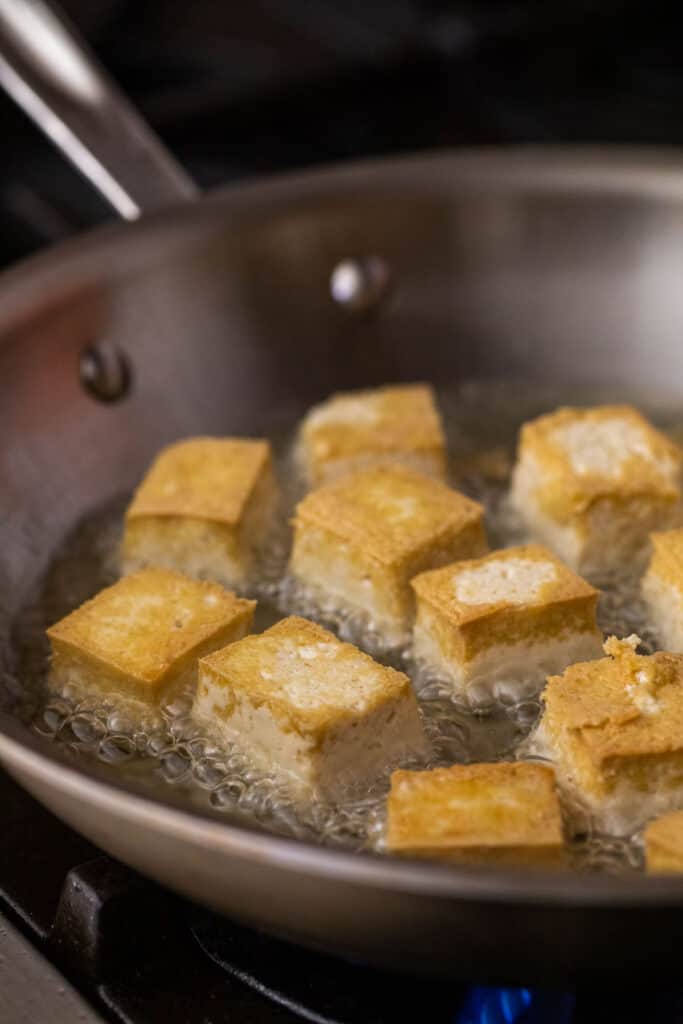 Pan fried tofu in oil