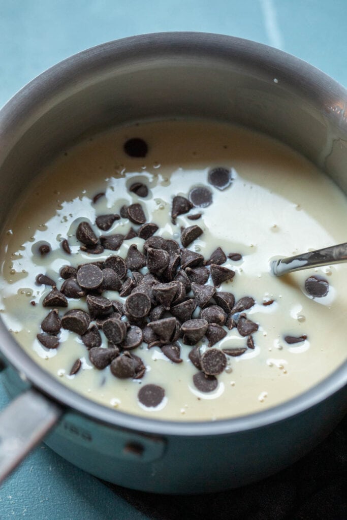 Melting the chocolate in a saucepan.