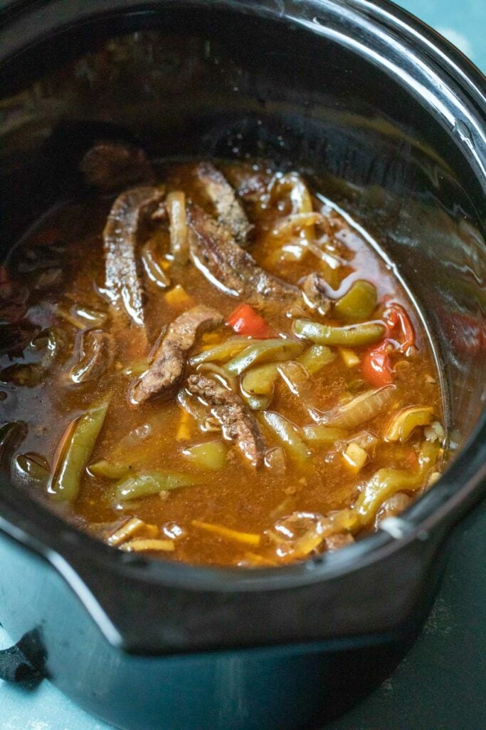 Pepper steak done cooking.