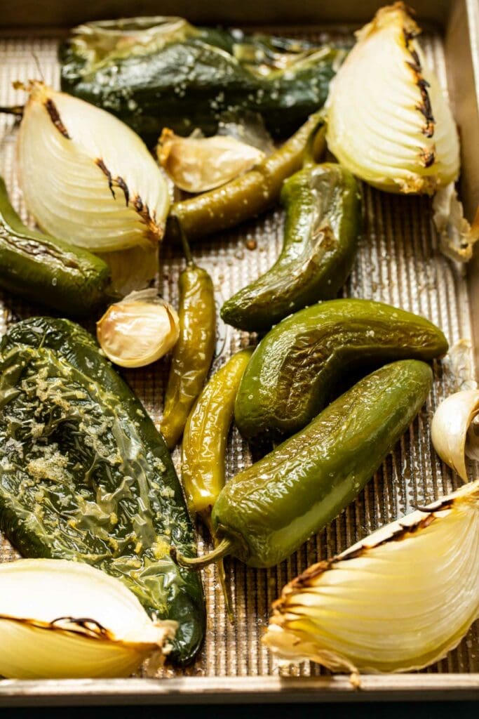 Vegetables roasted on a sheet pan.