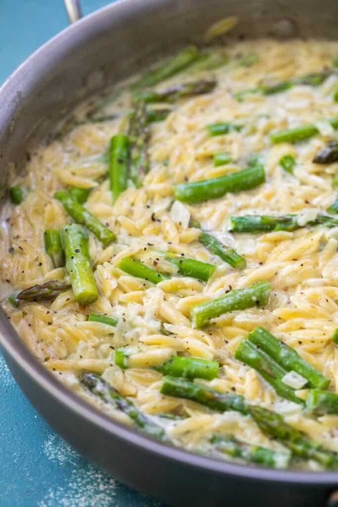 Creamy Orzo and Asparagus cooked.