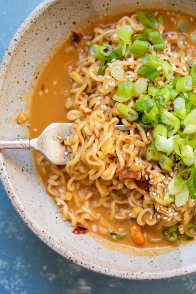 Close up of peanut butter noodles from Jar Scraps peanut butter.