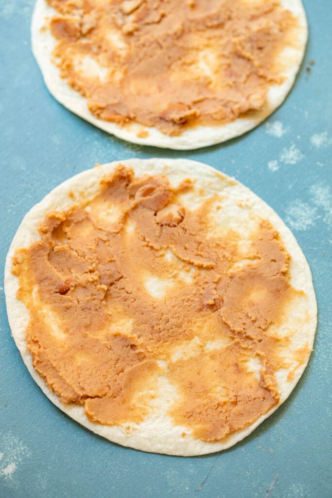 Beans on tortillas.