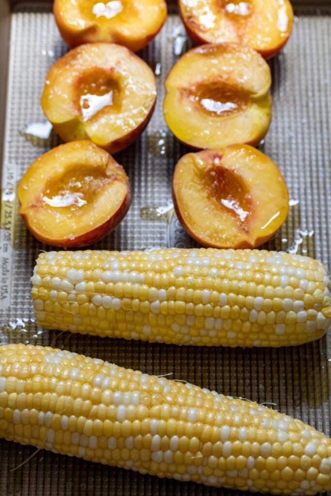 Peaches and corn ready to grill. 