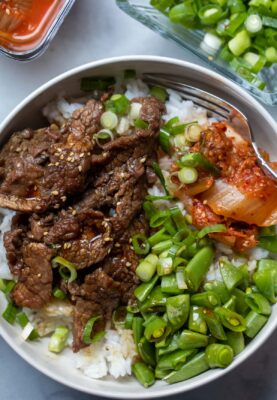 Beef teriyaki bowls served.