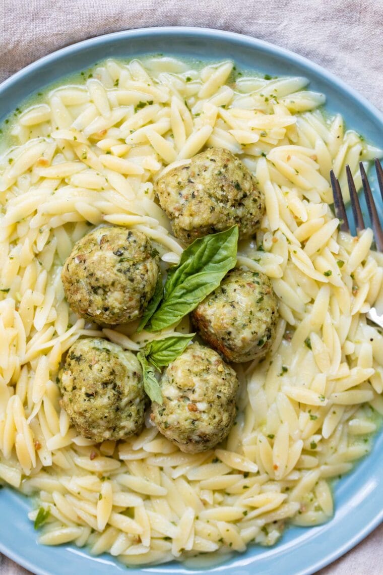 Plate of orzo with turkey meatballs.