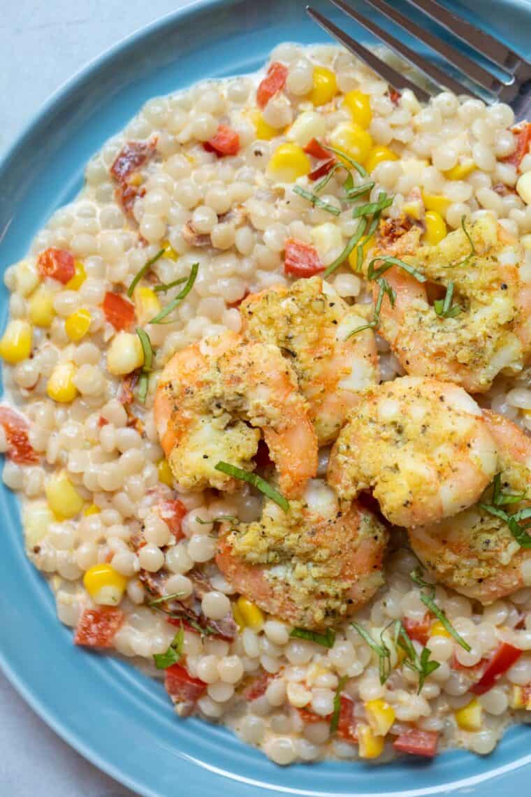Sun-dried tomato couscous with shrimp.