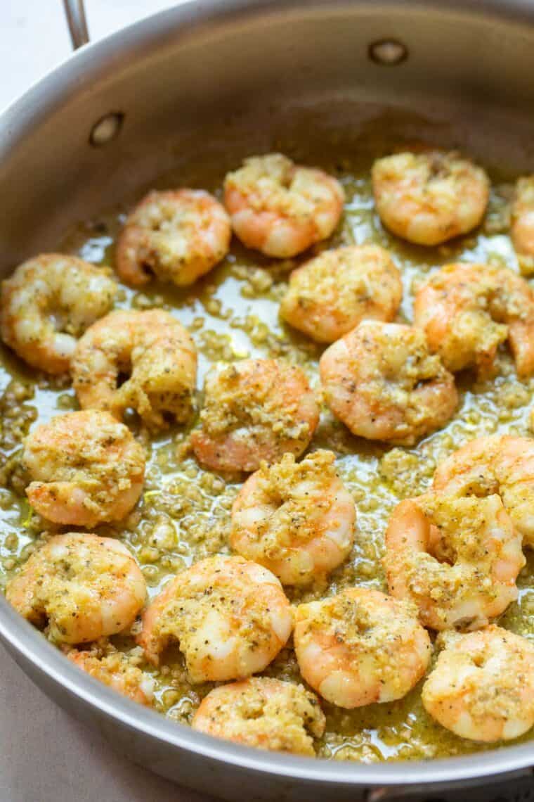 Shrimp cooked in skillet.