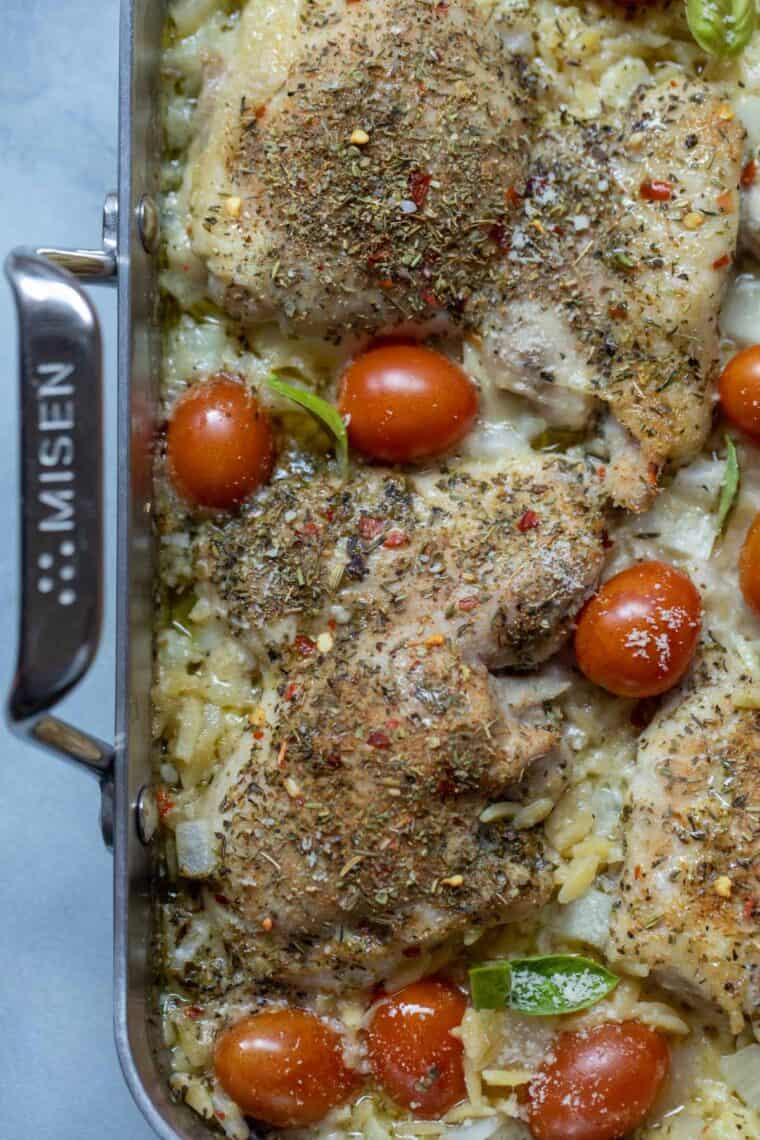 Chicken and orzo bake in Misen dish.