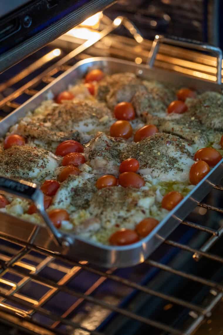 Baking the orzo dish.
