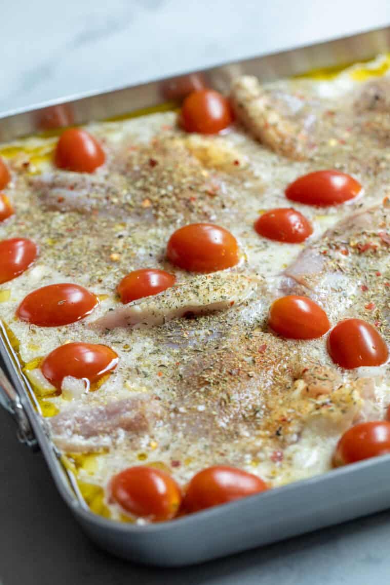 Chicken and orzo bake ready for oven.
